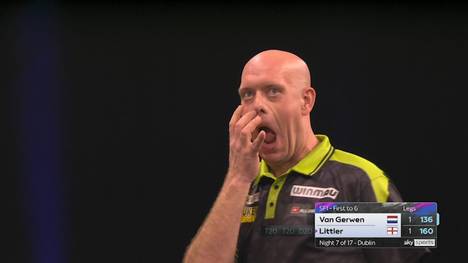 Michael van Gerwen überwirft im Spiel gegen Luke Littler die 136 Punkte, weil er das falsche Doppel trifft. Am Ende hat der Niederländer Glück, dass Littler nicht finishen kann.