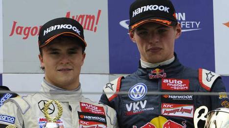 Lucas Auer und Max Verstappen gemeinsam auf dem Formel-3-Podium