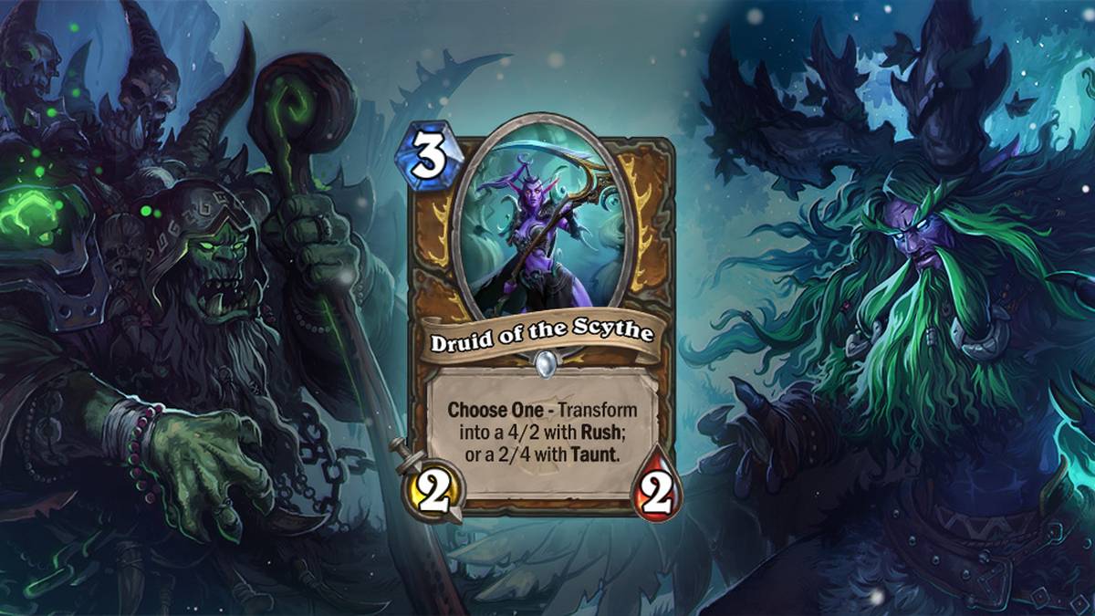 Druidin der Sichel (Druid of the Scythe) - Wählt aus: Verwandelt sich in einen Panther (4/2) mit Eifer; oder einen Wolf (2/4) mit Spott. Diese Karte wird zweimal im Deck gespielt