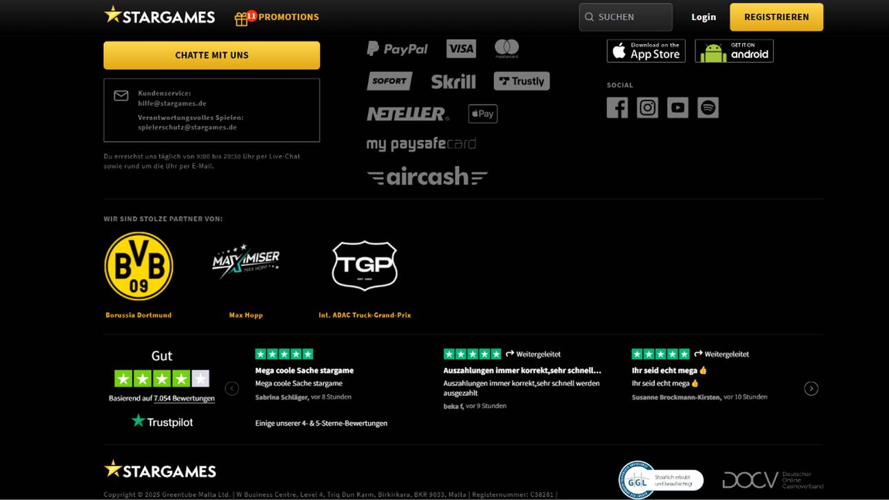 Stargames ist von der GGL lizenziert und Premium-Partner des BVB. Darüber hinaus arbeitet die virtuelle Spielothek mit beliebten Zahlungsanbietern wie PayPal oder VISA zusammen.