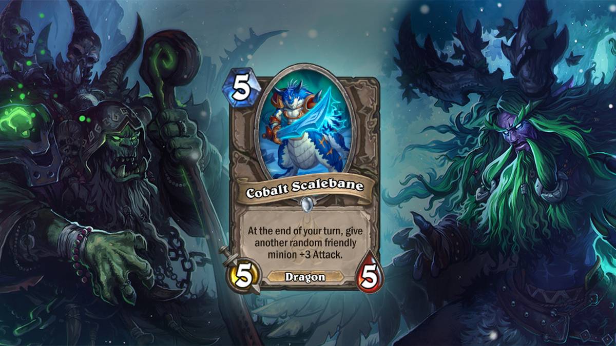 Kobaltblaue Bannschuppe (Cobalt Scalebane) - Verleiht am Ende Eures Zuges einem anderen zufälligen befreundeten Diener +3 Angriff. Diese Karte wird zweimal im Deck gespielt