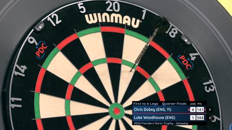 Chris Dobey gewinnt im Viertelfinale der Flanders Darts Trophy gegen Luke Woodhouse mit 6:3. Im sechsten Leg spielt Dobey sechs perfekte Darts und wirft den siebten mittig in die eins. Eine Szene die selbst ihn zum Lachen bringt.