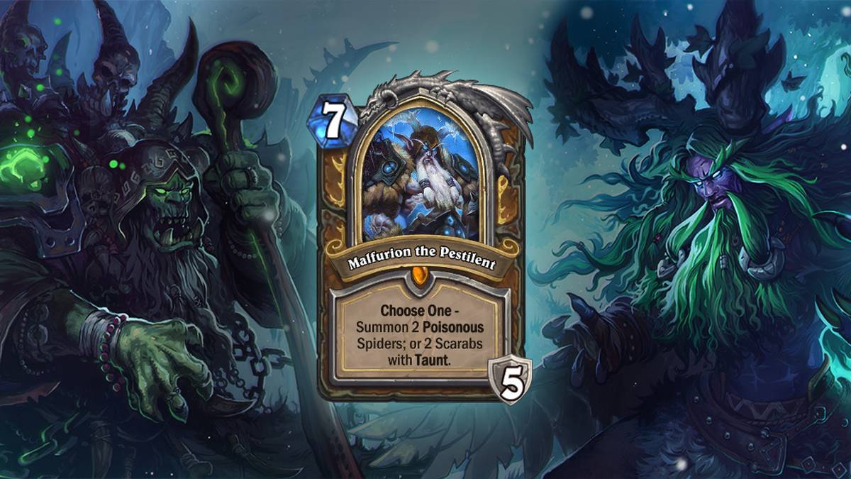 Malfurion der Befallene (Malfurion the Pestilent) - Wählt aus: Ruft 2 giftige Spinnen herbei; oder 2 Skarabäen mit Spott. Diese Karte wird einmal im Deck gespielt