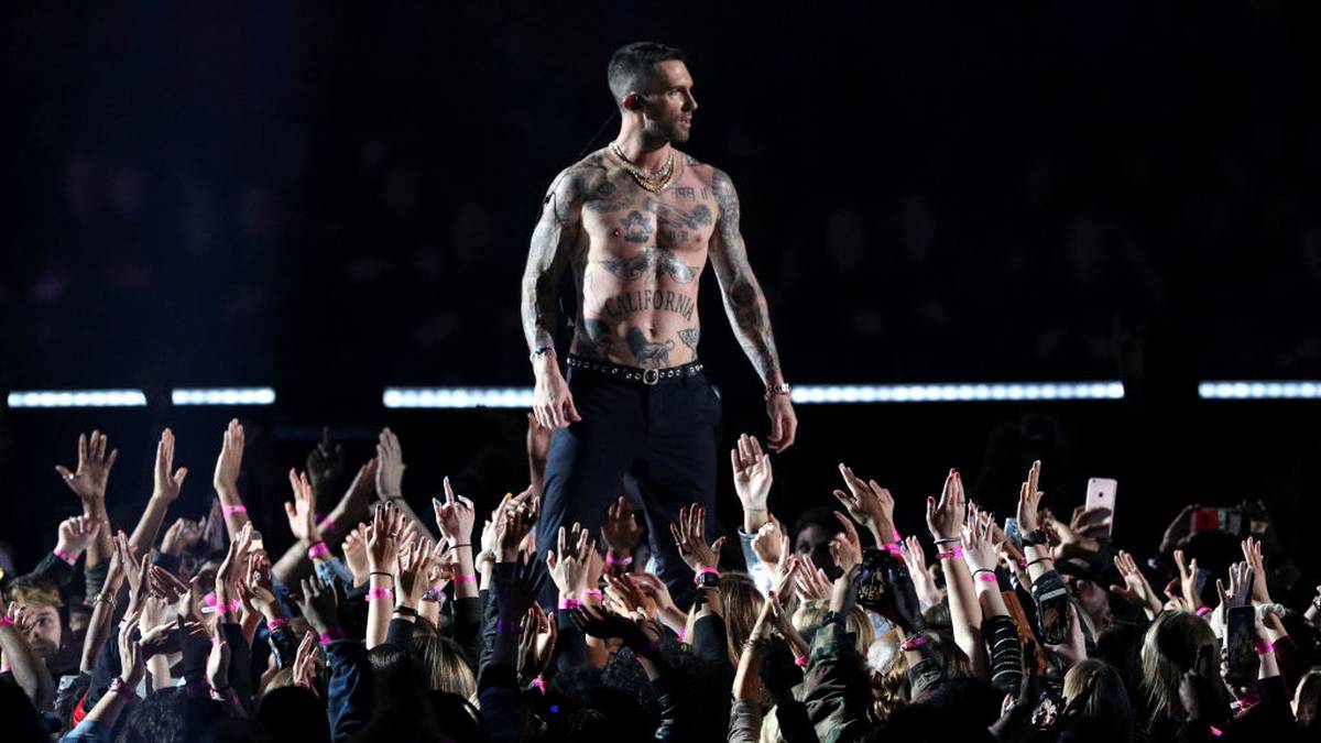 ATLANTA, GEORGIA - FEBRUARY 03: Adam Levine of Maroon 5 performs during the Pepsi Super Bowl LIII Halftime Show at Mercedes-Benz Stadium on February 03, 2019 in Atlanta, Georgia. (Photo by Patrick Smith/Getty Images)