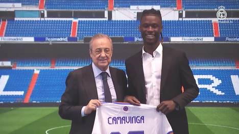 Eduardo Camavinga wurde offiziell bei Real Madrid vorgestellt. Florentino Perez heißt den 18-Jährigen mit emotionalen Worten bei den Königlichen willkommen.