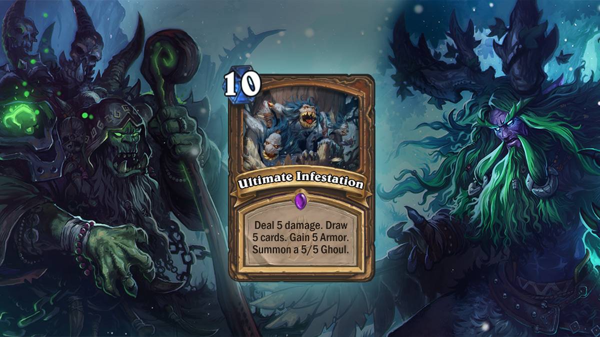 Üble Verseuchung (Ultimate Infestation) - Verursacht 5 Schaden. Zieht 5 Karten. Erhaltet 5 Rüstung. Ruft einen Ghul (5/5) herbei. Diese Karte wird zweimal im Deck gespielt