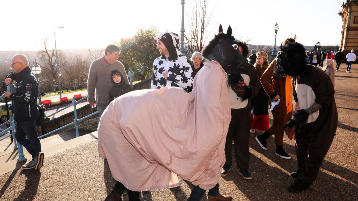 Unter diesem Pferdekostüm befinden sich gleich zwei Darts-Fans. Spätestens bei der Live-Action sollten sich die beiden aber etwas überlegen, sonst sieht der hintere des Duos relativ wenig vom Spektakel im Ally Pally