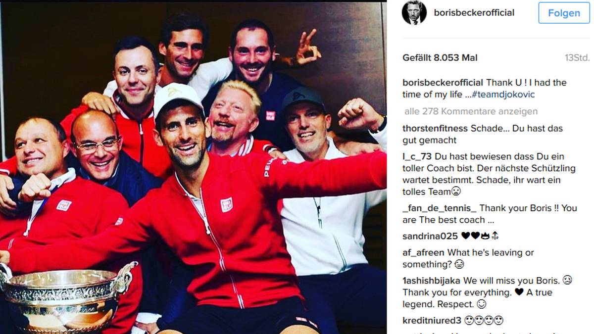 Nach knapp drei Jahren folgt die Trennung. Boris Becker bedankt sich auf Instagram bei Djokovic: "Vielen Dank. Ich hatte die Zeit meines Lebens." Die Bilanz der Zusammenarbeit: 25 Titel, darunter sechs Grand Slams
