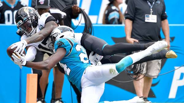 CHARLOTTE, NORTH CAROLINA - OCTOBER 06: D.J. Chark #17 of the Jacksonville Jaguars makes a diving catch against James Bradberry #24 of the Carolina Panthers during the second half of their game at Bank of America Stadium on October 06, 2019 in Charlotte, North Carolina. The Panthers won 34-27. (Photo by Grant Halverson/Getty Images)