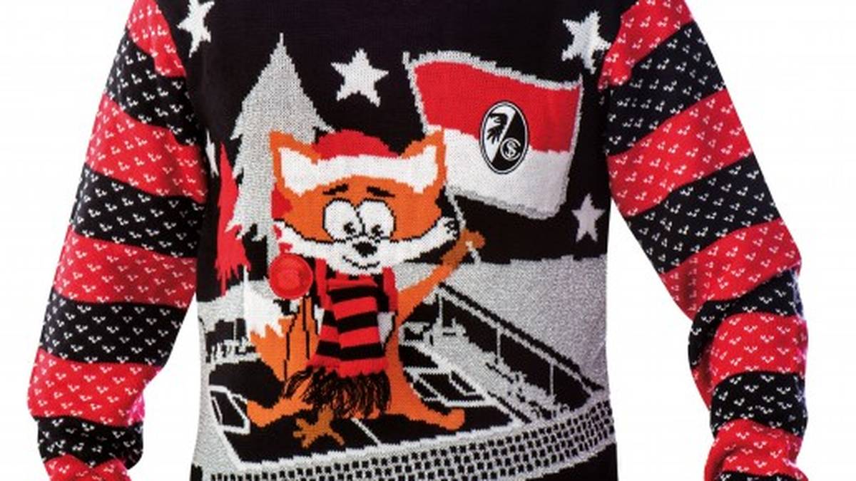 Der Hingucker auf dem Freiburger Ugly Pulli ist Maskottchen "Füchsle". "MERRY X-MAS" 