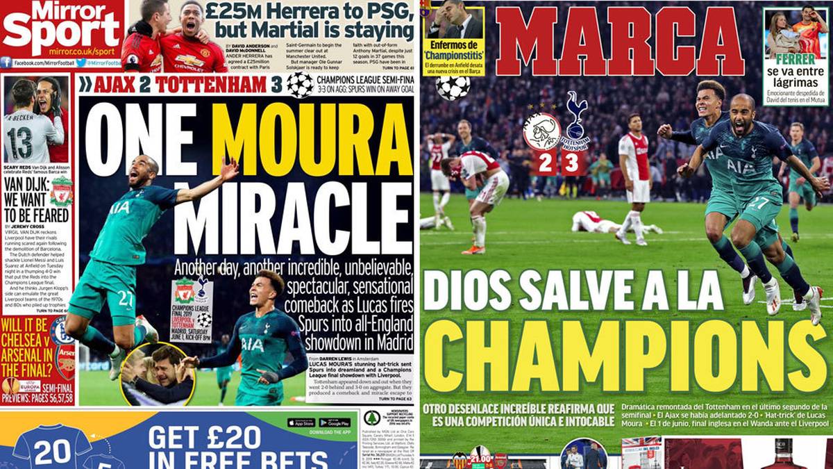 Nach dem irren Fußball-Wunder des FC Liverpool gegen den FC Barcelona sorgen die Tottenham Hotspur für das nächste Drama, werfen Ajax Amsterdam nach einer furiosen Aufholjagd noch aus der Königklasse. SPORT1 hat die internationalen Pressestimmen