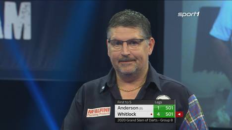 Beim Grand Slam of Darts muss Gary Anderson die erste Niederlage hinnehmen. Gegen Simon Whitlock verliert der Schotte deutlich. 