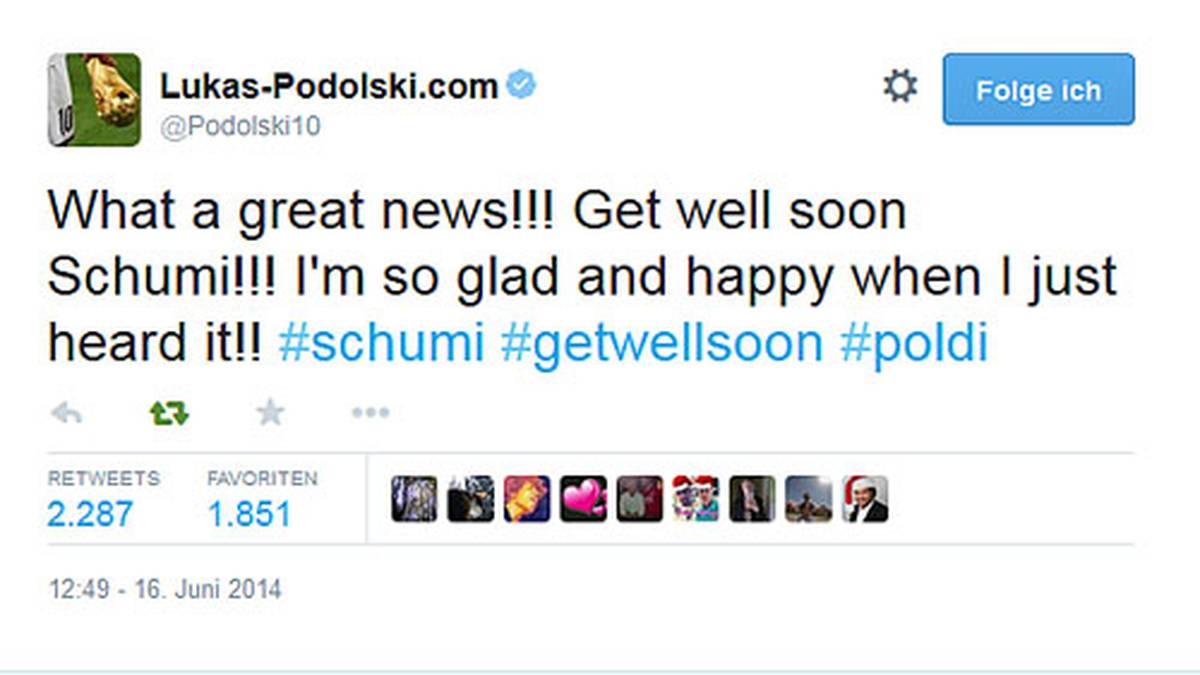 Die Nachricht von Schumachers Erwachen löst überall große Freude aus. Auch im Netz gibt es an diesem Tag nur ein Thema. Fußball-Stars wie Lukas Podolski oder Mario Basler teilen ihre Begeisterung via Twitter mit (Copyright: twitter/Podolski10)