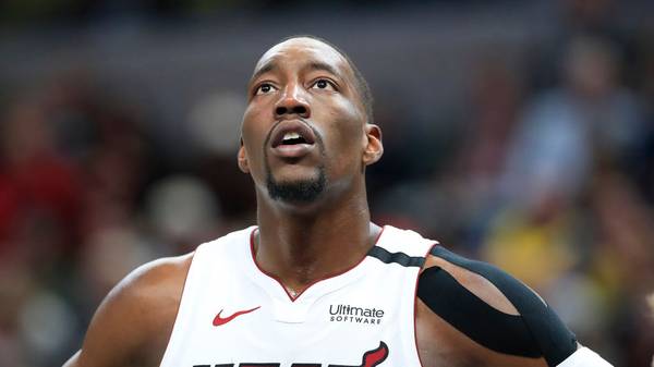 INDIANAPOLIS, INDIANA - JANUARY 08:   Bam Adebayo #13 of the Miami Heat watches the action against the Indiana Pacers at Bankers Life Fieldhouse on January 08, 2020 in Indianapolis, Indiana.    NOTE TO USER: User expressly acknowledges and agrees that, by downloading and or using this photograph, User is consenting to the terms and conditions of the Getty Images License Agreement. (Photo by Andy Lyons/Getty Images)