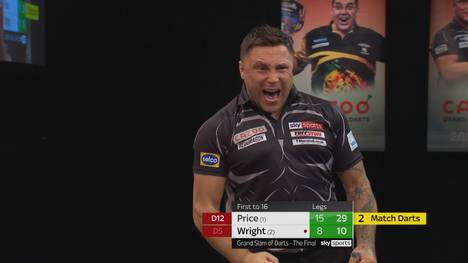 Was für ein Weltklasse-Auftritt des Weltmeisters im Finale: Gerwyn Price ist der neue Grand Slam of Darts Champion. "The Iceman" braucht zwar sechs Matchdarts, lässt Peter Wright beim 16:8 dennoch nicht den Hauch einer Chance. 