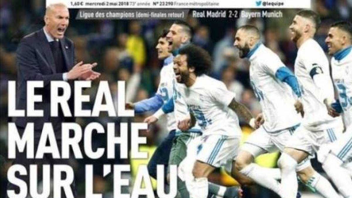 FRANKREICH - L‘Equipe: "Real wandelt über das Wasser. Real ist nicht in die Schranken zu weisen. Nach einer berauschenden Nacht hat Trainer Zinedine Zidane nicht einmal die Arme gehoben, bevor er Jupp Heynckes die Hand drückte"