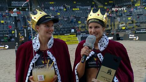 Chantal Laboureur und Sarah Schulz sind stolz auf den Sieg beim nationalen King of the Court und dürfen am Sonntag auch gegen die internationale Konkurrenz antreten - mit Krone und Siegestrunk geben sie ihr Interview bei SPORT1.