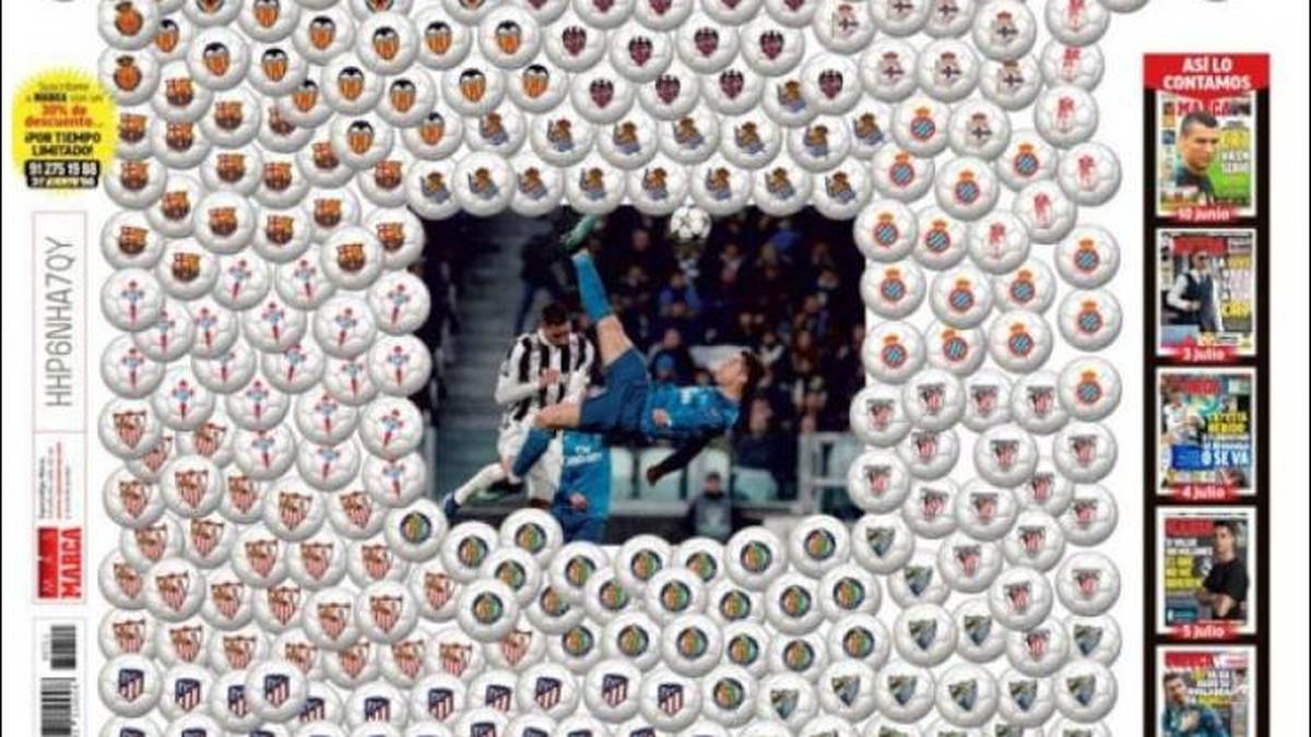 MARCA: "Es wird keinen Zweiten geben. Cristiano geht, die Legende mit 451 Toren." Das einfallsreiche Cover dazu: 451 symbolische Tor-Bälle mit dem Logo des jeweiligen Gegners