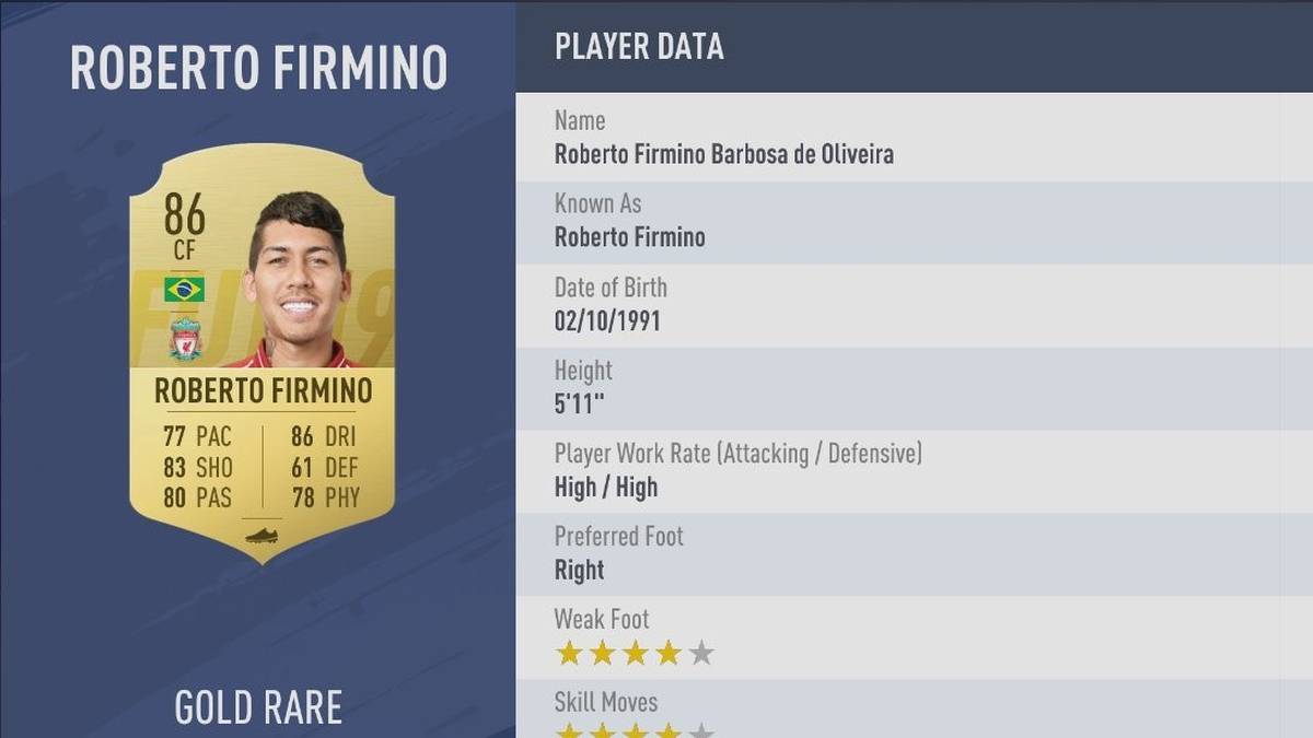 PLATZ 5: ROBERTO FIRMINO - STÄRKE 86: Der Brasilianer vom FC Liverpool hat generell solide Wertungen und kann sich mit einer Stärke von 86 sehen lassen