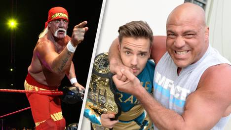 Hulk Hogan und Kurt Angle (r., beim Würgen von Boygroup-Star Liam Payne) stehen offenbar vor einem WWE-Comeback