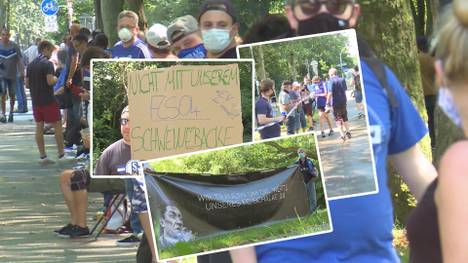 Rund um die Arena in Gelsenkirchen bilden an die 1500 Schalke-Anhänger eine Menschenkette. Sie demonstrieren gegen Clemens Tönnies und den Vorstand.