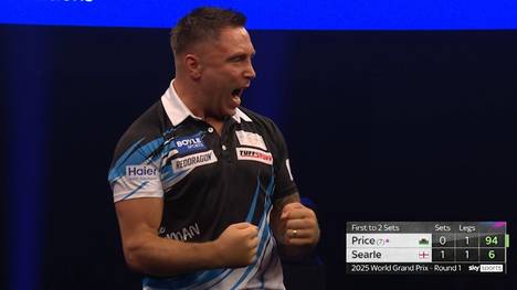Gerwyn Price wird in seinem ersten Spiel des World Grand Prix von Ryan Searle gefordert und kommt nur schwer in die Partie. Doch in gewohnter Manier macht er auf der Bühne auf sich aufmerksam.