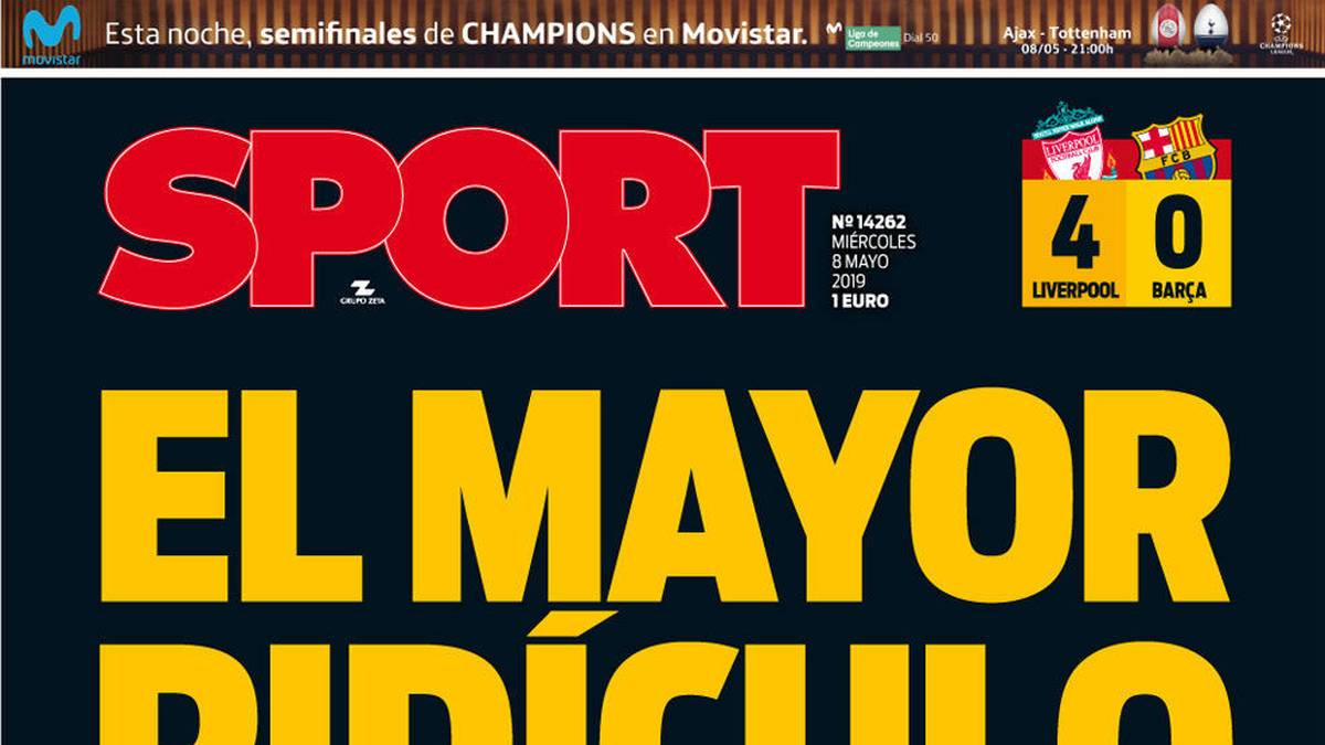 Sport (Spanien): "Die größte Lächerlichkeit der Geschichte! Rom war kein Traum. Barca mit historischem Debakel in Anfield. Ein Jahr später verfolgt Barca in Anfield das Aus in Rom, der Traum von der Champions League verabschiedet sich"