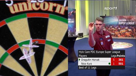 Nico Kurz beginnt nach einem 5:1-Rückstand mit einer spektakulären Aufholjagd, verpasst jedoch nach mehreren Matchdarts den Sieg gegen Dragutin Horvat.