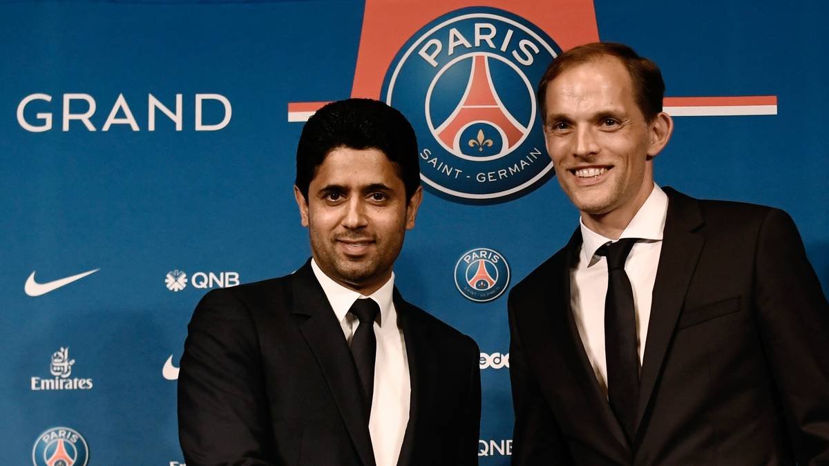 PARIS SAINT-GERMAIN: Der schwerreiche PSG-Investor Nasser Al-Khelaifi (l.) lechzt genau nach dem, wonach auch Lewandowski strebt: dem Gewinn der Champions League. Neu-Coach Thomas Tuchel (r.) soll eine Verpflichtung des Polen begrüßen - schließlich kennt er ihn noch gut aus der Bundesliga