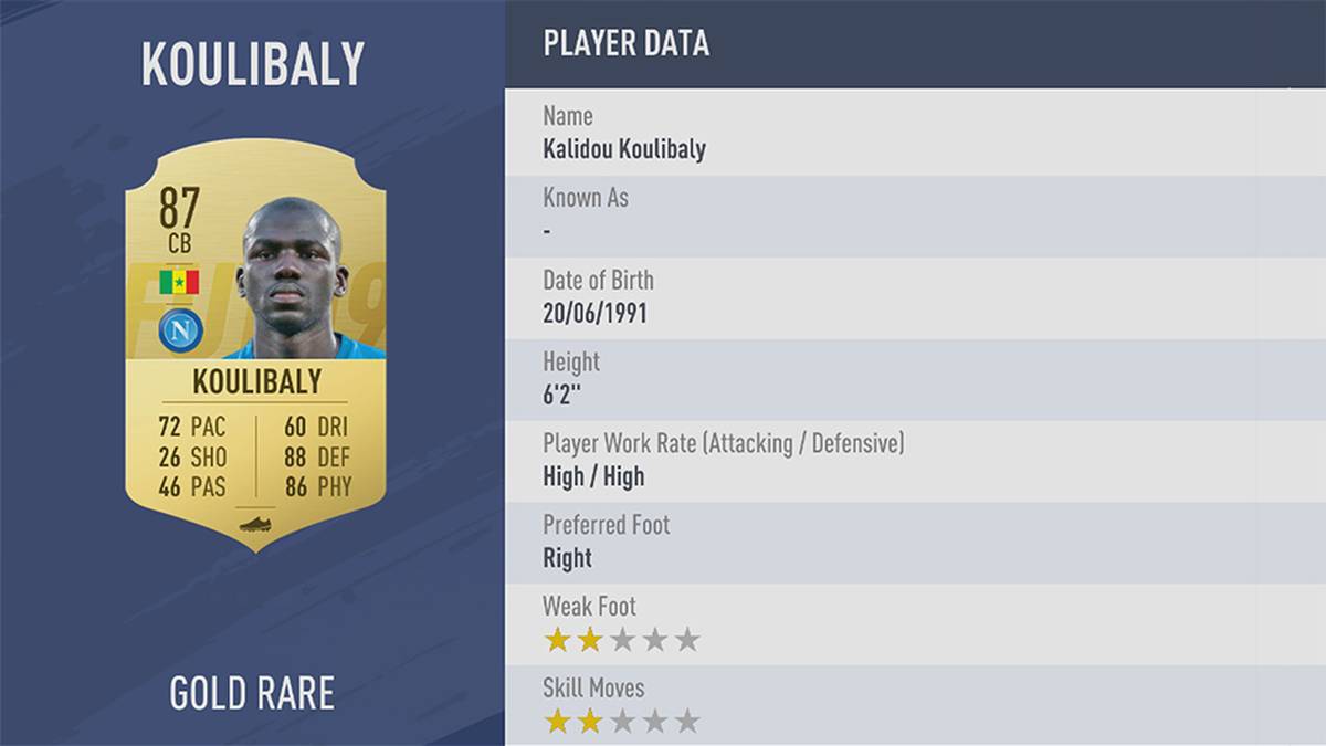 PLATZ 55: KALIDOU KOULIBALY - STÄRKE 87: Der junge Innenverteidiger des SSC Neapel überzeugt vor allem durch seine Physis. Auch sein Defensiv-Rating von 88 kann sich sehen lassen