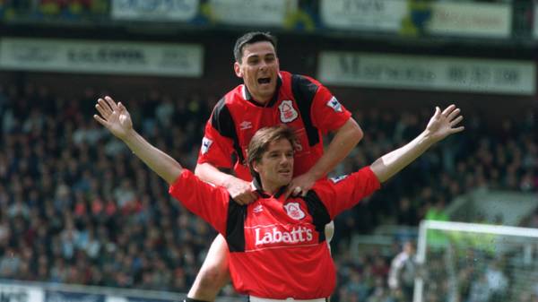 13 MAY 1995:  DAVID PHILLIPS OF NOTTINGHAM FOREST CELEBRATES WITH TEAM-MATE STEVE CHETTLE AFTER SCORING THE FIRST GOAL DURING THE WIMBLEDON V NOTTINGHAM FOREST PREMIER LEAGUE MATCH PLAYED AT SELHURST PARK. Mandatory Credit: Mike Hewitt/ALLSPORT