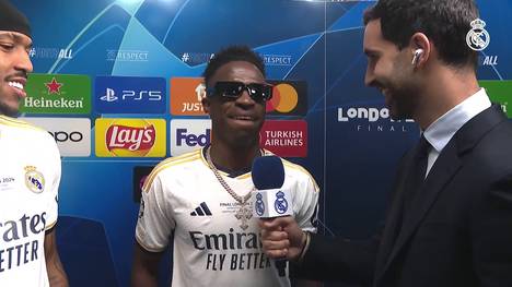 Mit 2:0 gewinnt Real Madrid das Champions-League-Finale gegen Borussia Dortmund. Shootingstar Vinicius Jr. freut sich über den Erfolg und erwartet eine große Feier mit den Fans.