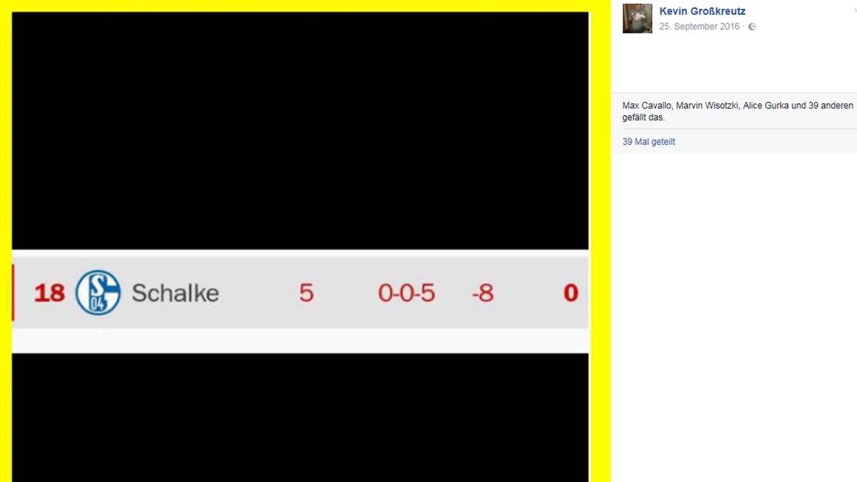 Als Schalke zu Beginn der laufenden Saison mit fünf Niederlagen startet, ist das für Großkreutz ein gefundenes Fressen. Bei Facebook postet er nur einen schmalen Balken mit dem Tabellenplatz seines Lieblingsgegners