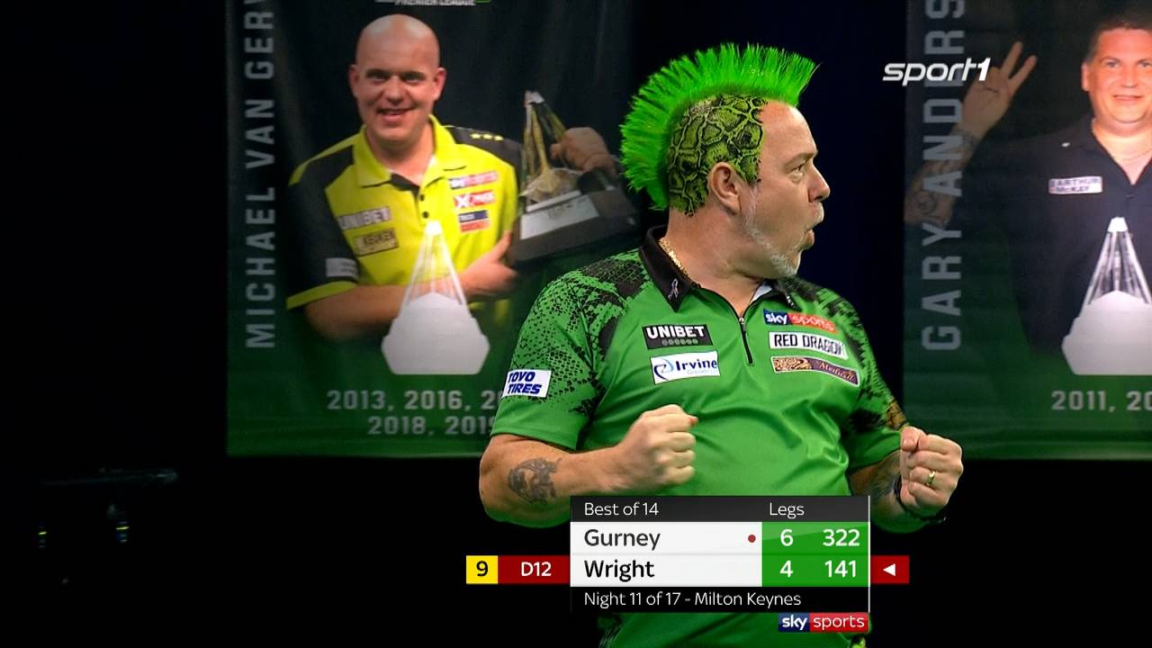 Peter Wright wirft am 11. Spieltag der Darts Premier League einen 9-Darter