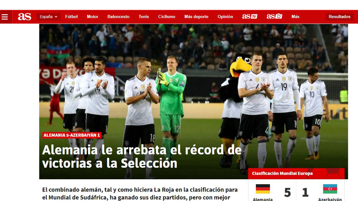 AS: "Deutschland entzückt mit einem Weltrekord. Die Mannschaft von Löw hat die Kirsche auf die Sahnetorte gelegt und wie Spanien vor der WM in Südafrika auch ihr zehntes Spiel gewonnen, aber mit einem besseren Torverhältnis"