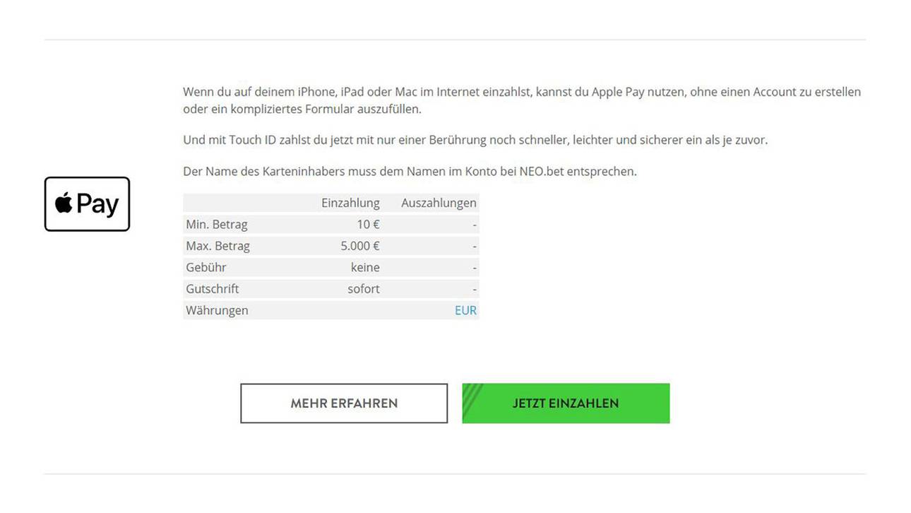 Bei NEO.bet kannst du nur Einzahlungen via Apple Pay durchführen.