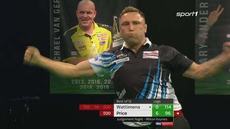 Nach dem 7:1 Erfog gegen Gary Anderson fegt Gerwyn Price auch Jermaine Wattimena vom Oche. Der Waliser lässt Wattimena nicht ein Leg.