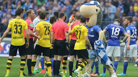 Maskottchen "Erwin" kam auf dem Platz und zeigt Schiedsrichter Felix Zwayer Rot