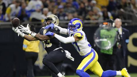 Los Angeles Rams safety Quentin Lake (37) is called for pass interference against New Orleans Saints tight end Juwan Johnson (83) at the Caesars Superdome in New Orleans on Sunday, December 01, 2024. PUBLICATIONxINxGERxSUIxAUTxHUNxONLY NOP2024120101 AJxSISCO