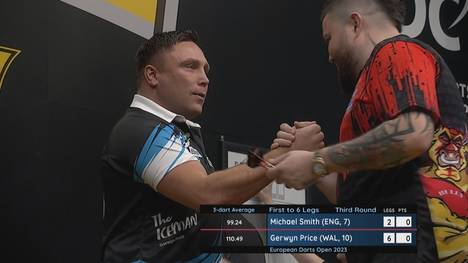 Gerwyn Price setzt sich im Achtelfinale mit 6:2 gegen Weltmeister Michael Smith durch und steht damit im Viertelfinale der European Darts Open. 
