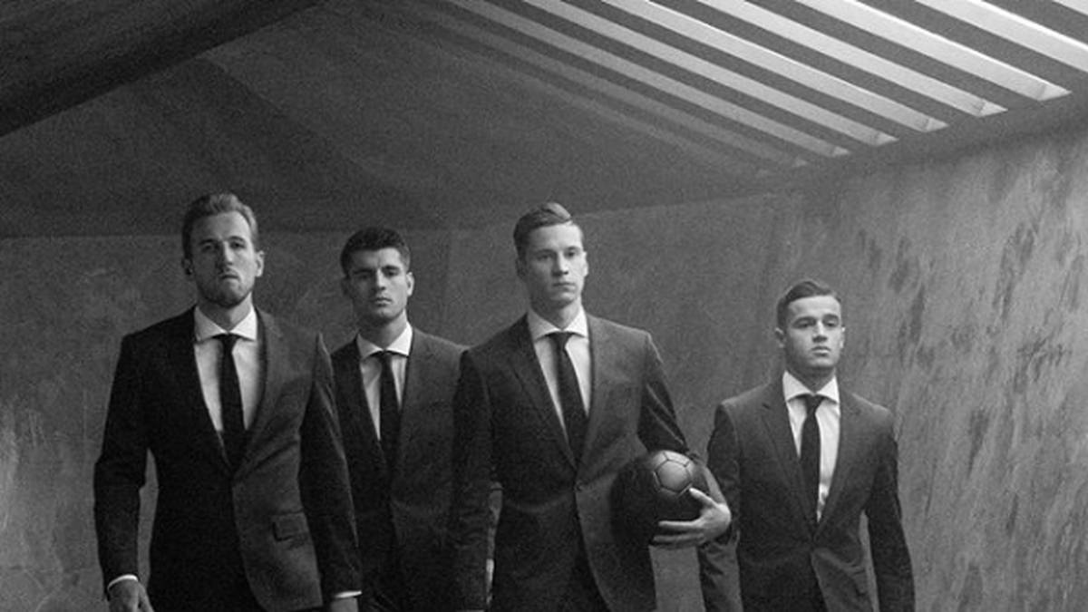 Passend zu seinem Tick macht der 24-Jährige Werbung für einen bekannten Parfumhersteller. Gemeinsam mit Harry Kane (l.), Alvaro Morata (2.v.l.) und Philippe Coutinho posiert er im eleganten Anzug