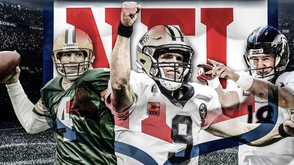 Drew Brees (m.) hat die NFL-Legenden Brett Favre (l.) und Peyton Manning (r.) überholt