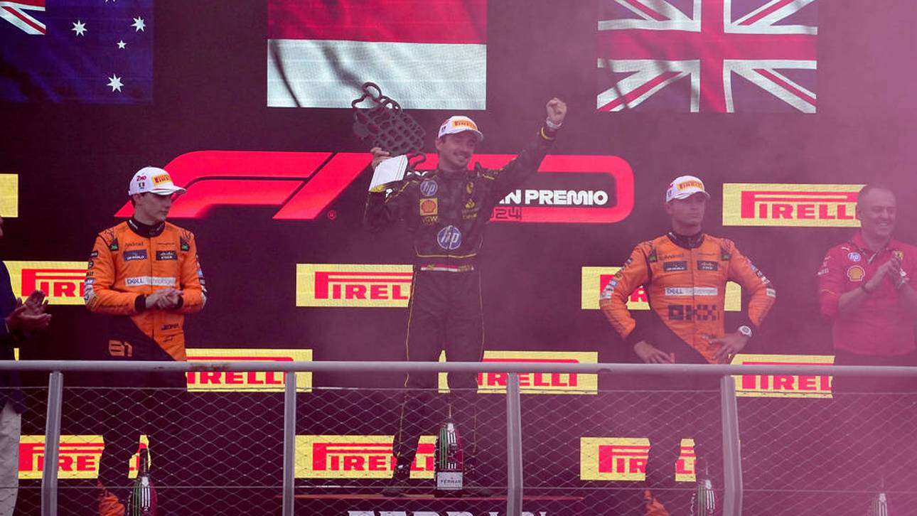 Während Charles Leclerc den ersten Platz feiert, müssen sich Oscar Piastri (l.) und Lando Norris (r.) mit dem zweiten und dritten Platz begnügen.