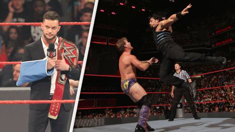 Finn Balor (l.) muss den Titel abtreten, Roman Reigns (r., gegen Chris Jericho) könnte ihn beerben
