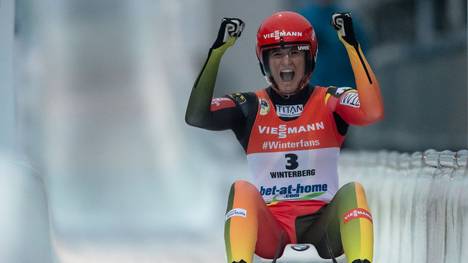 WINTERBERG, GERMANY - JANUARY 26: Natalie Geisenberger of Germany celebrates after the final run of the Luge World Championships Women Race at Veltins Eis-Arena on January 26, 2019 in Winterberg, Germany. (Photo by Lars Baron/Bongarts/Getty Images)