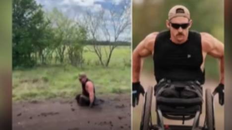 Der US-Kriegsveteran Mike Egan absolvierte beim "Go One More Ultra" 177 km in 27 Stunden im Rollstuhl und kämpfte sich trotz schwerer Bedingungen im Schlamm weiter voran.