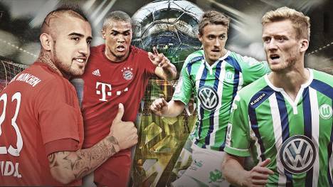 Arturo Vidal, Douglas Costa vom FC Bayern gegen Max Kruse und Andre Schürrle vom VfL Wolfsburg