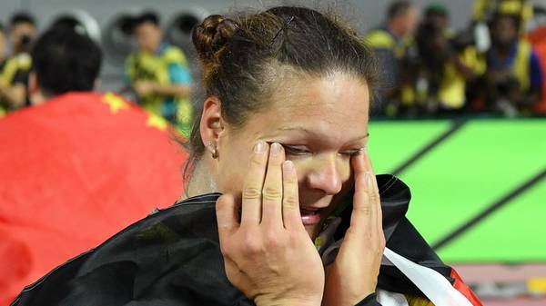 Third placed Germany's Christina Schwanitz celebrates after the Women's Shot Put final at the 2019 IAAF Athletics World Championships at the Khalifa International stadium in Doha on October 3, 2019. (Photo by Kirill KUDRYAVTSEV / AFP) (Photo by KIRILL KUDRYAVTSEV/AFP via Getty Images)