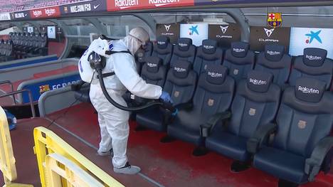 Am Dienstagabend steht für den FC Barcelona das erste Heimspiel nach dem Restart in La Liga auf dem Programm. Vor der Partie gegen Leganés wurden die Räumlichkeiten im Camp Nou gemäß der Hygienevorschriften gesäubert.