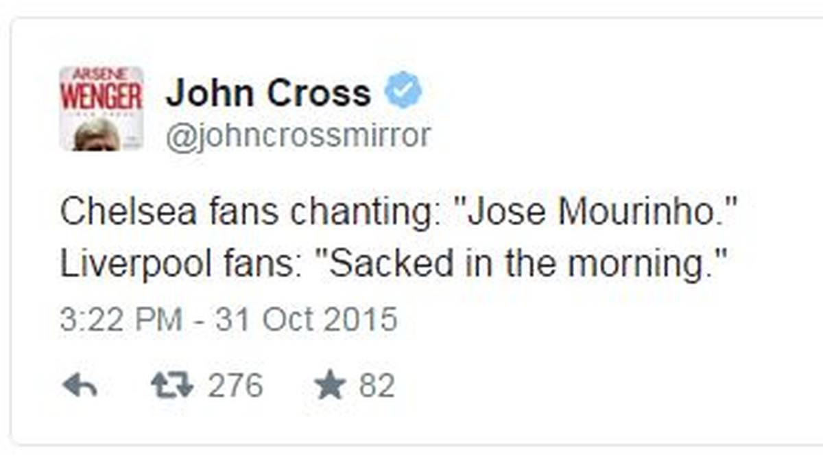 John Cross, Reporter der Zeitung "Mirror" hat ganz genau hingehört. Er hat Chelsea-Fans gehört, die Mourinho feierten. Und Anhänger der Reds, die ihm die Entlassung prophezeiten 